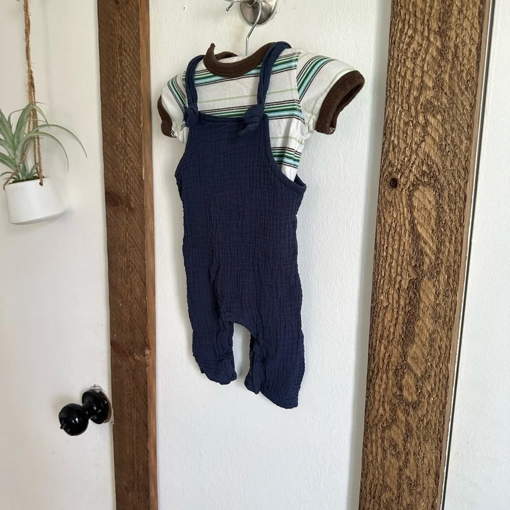 Vintage GAP Stripe Bodysuit & Chick Pea Overalls Baby Boy Matching Outfit 0-3 M